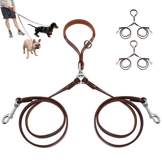 Genuine Leather Double Dog Leash Coupler