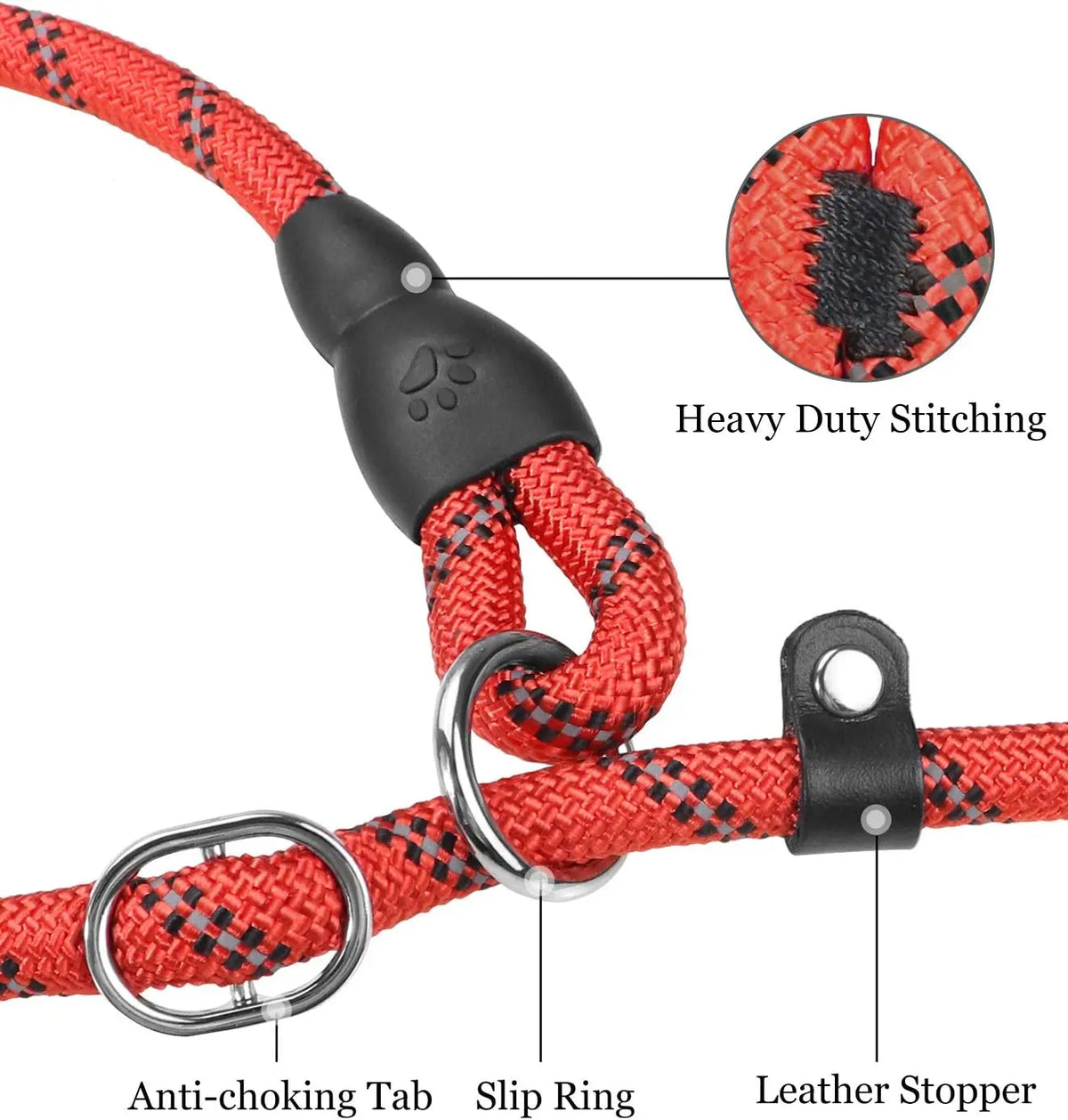 Close-up of reflective dog leash for all sizes showing heavy duty stitching, slip ring, anti-choking tab, and leather stopper.
