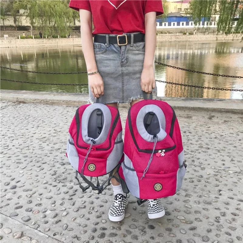 "Portable Pet Backpack Carrier - Mesh Front-Facing Double Shoulder Bag for Dogs and Cats"