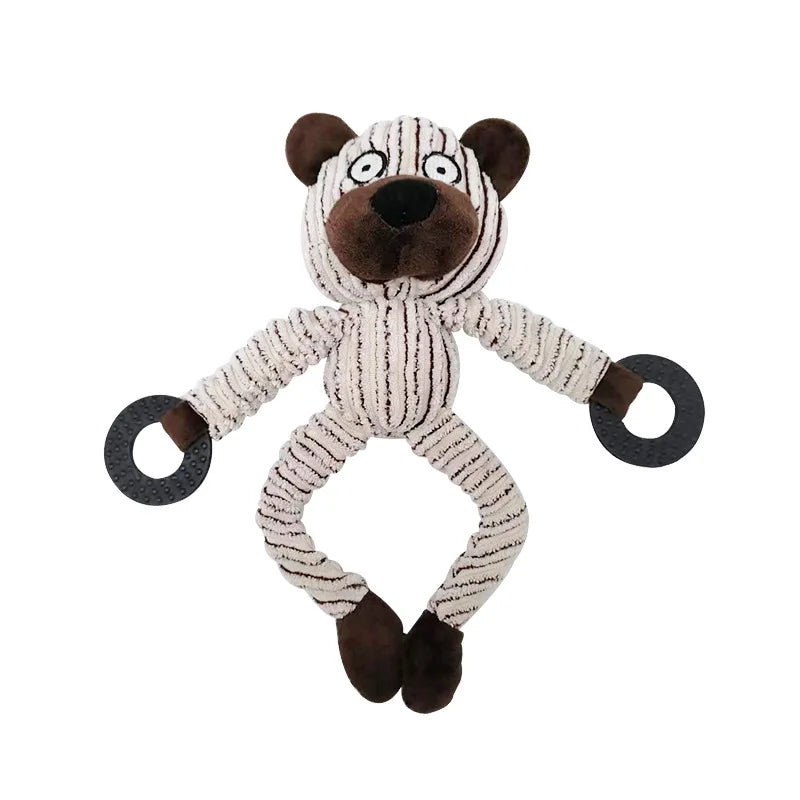 Plush toy zebra with brown mane and hooves on a white background