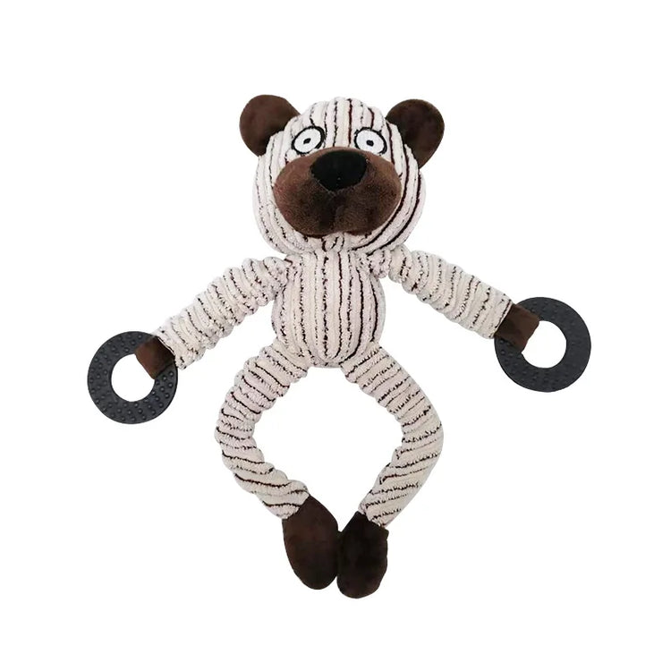 Plush toy zebra with brown mane and hooves on a white background
