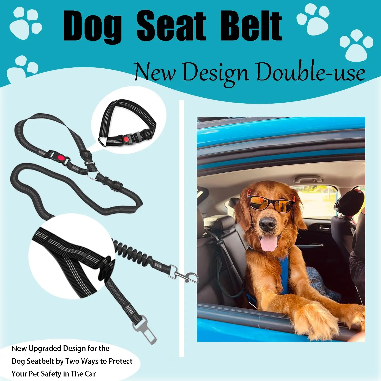 "Dog Seat Belt for Car - Dual-Use Adjustable Bungee Leash for Vehicle Safety and Headrest Attachment"