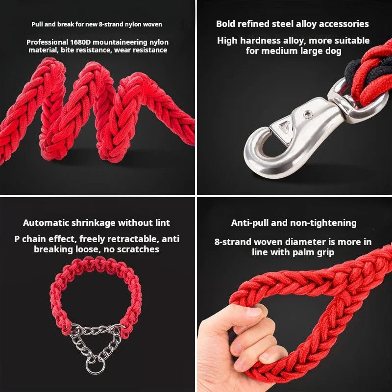 1.3m braided nylon dog leash construction and hardware details