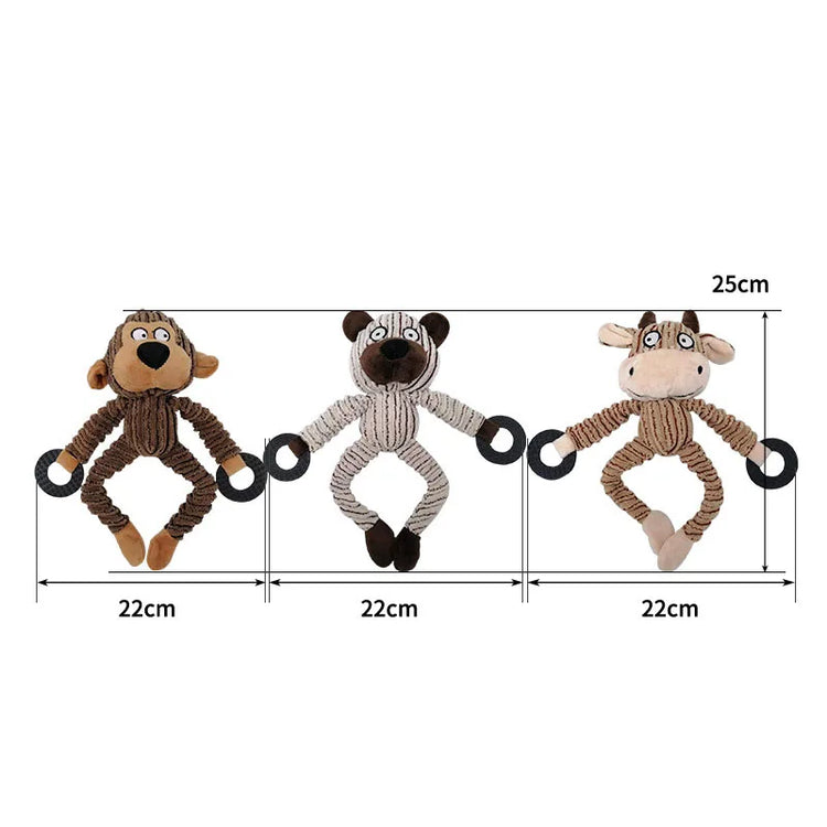Three monkey-shaped toys with dimensions labeled on a white background