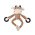 Plush toy cow with black wheels on a white background