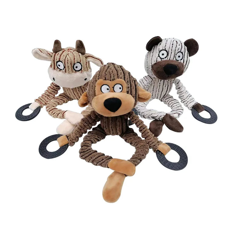 Three plush dog toys shaped like animals on a white background