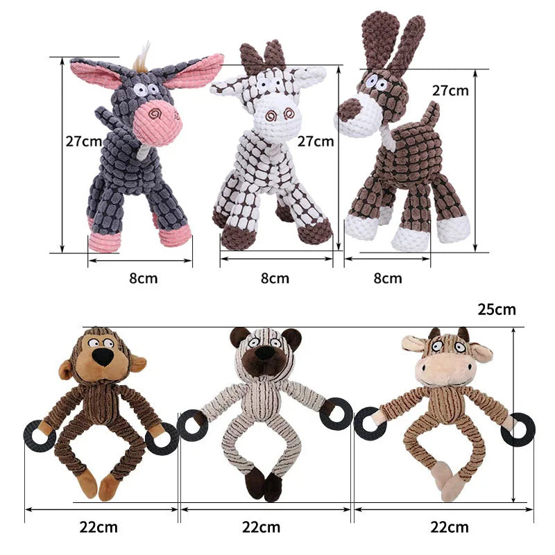 Set of six animal-themed dog toys with dimensions on a white background