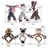 Set of six animal-themed dog toys with dimensions on a white background