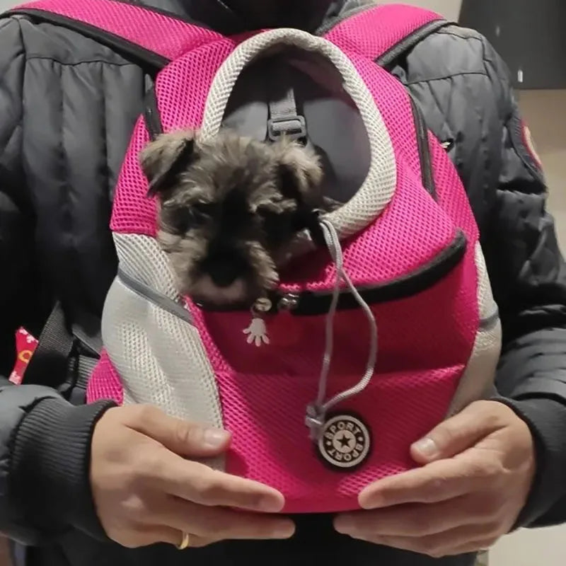 "Portable Pet Backpack Carrier - Mesh Front-Facing Double Shoulder Bag for Dogs and Cats"