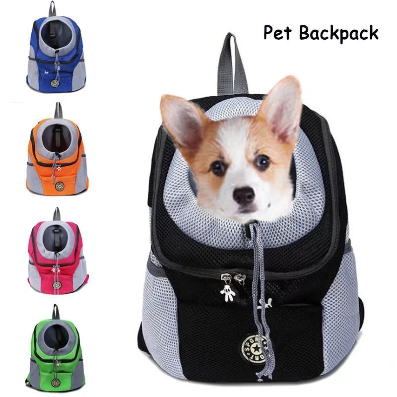 "Portable Pet Backpack Carrier - Mesh Front-Facing Double Shoulder Bag for Dogs and Cats"