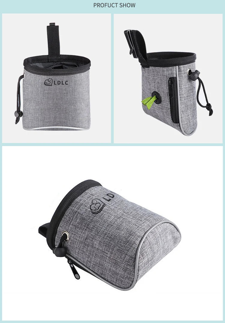 "Dog Training Treat Pouch with Poop Bag Dispenser - Multi-Pocket Bag for Treats, Toys, and Kibble"