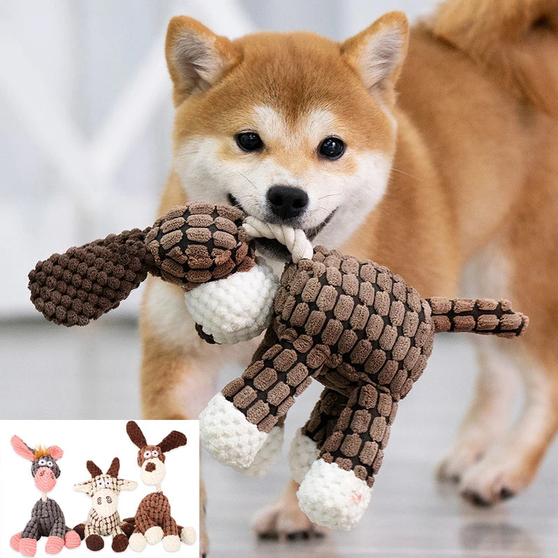 Dog playing with a brown dog toy, with inset images of other toys.