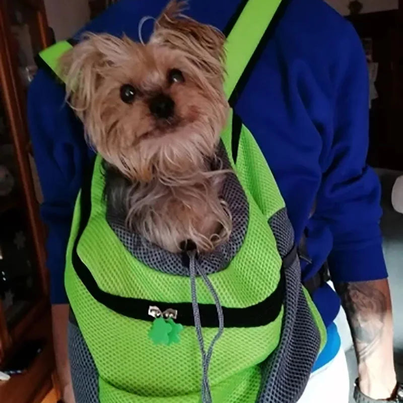 "Portable Pet Backpack Carrier - Mesh Front-Facing Double Shoulder Bag for Dogs and Cats"