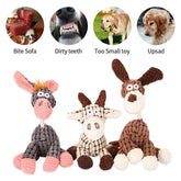 Three plush dog toys resembling a donkey, goat, and dog with text labels above each.