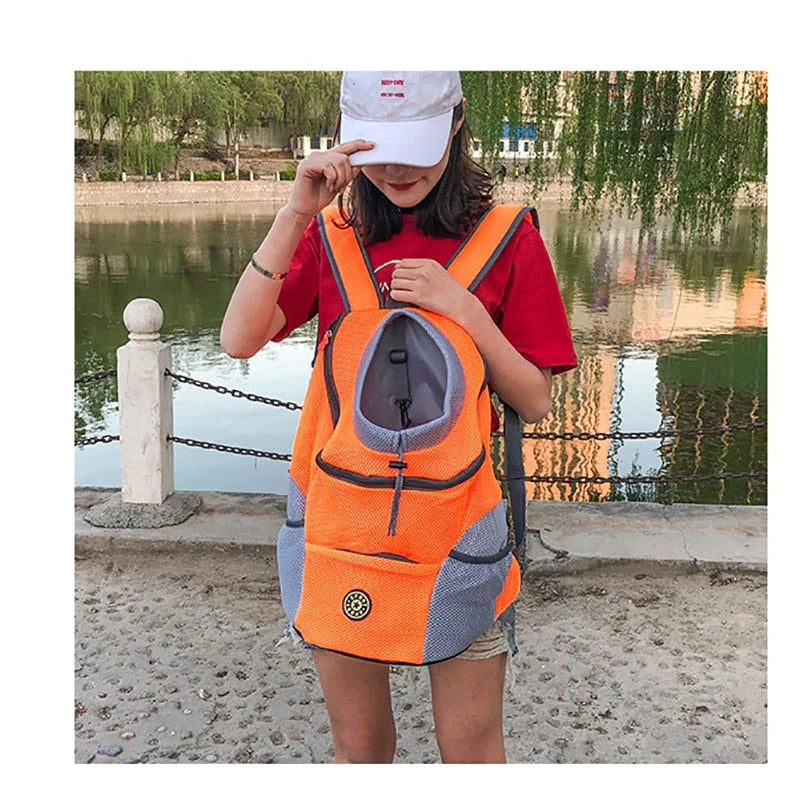 "Portable Pet Backpack Carrier - Mesh Front-Facing Double Shoulder Bag for Dogs and Cats"