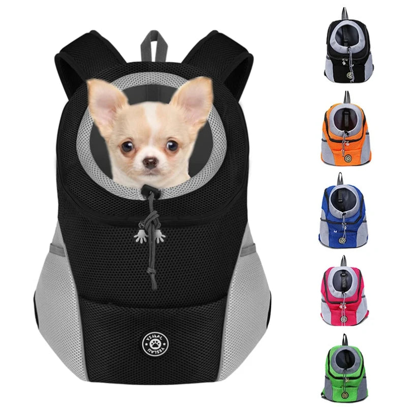 "Portable Pet Backpack Carrier - Mesh Front-Facing Double Shoulder Bag for Dogs and Cats"