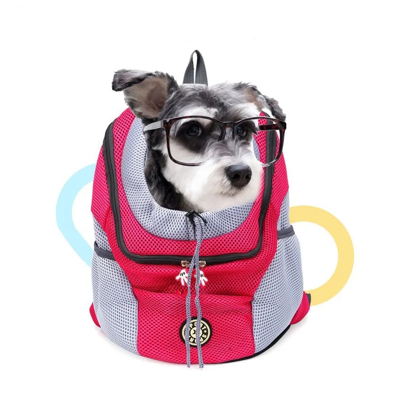 "Portable Pet Backpack Carrier - Mesh Front-Facing Double Shoulder Bag for Dogs and Cats"